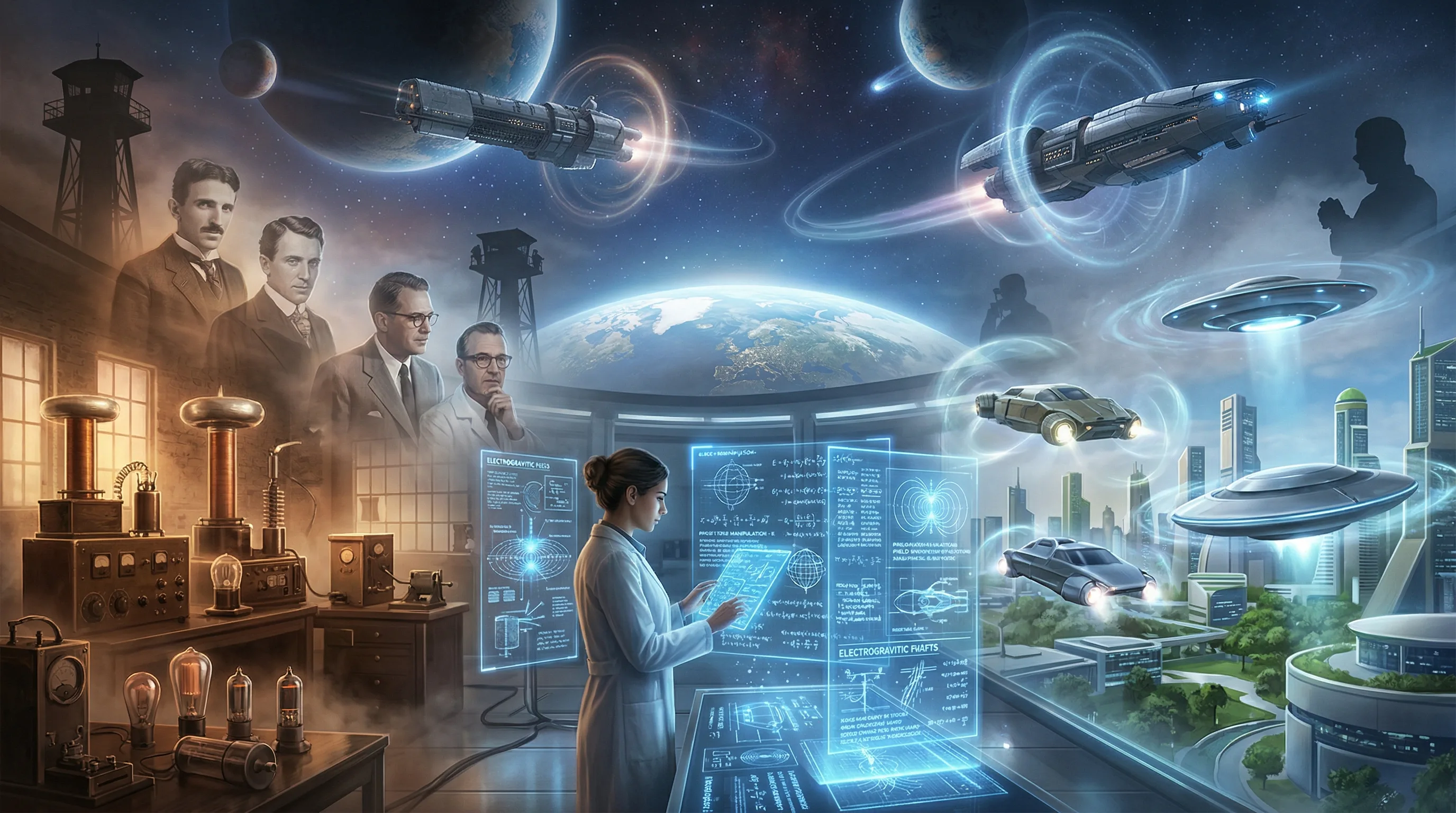 Scientists, anti-gravity craft, and a futuristic city visualizing the continuing quest for electrogravitics