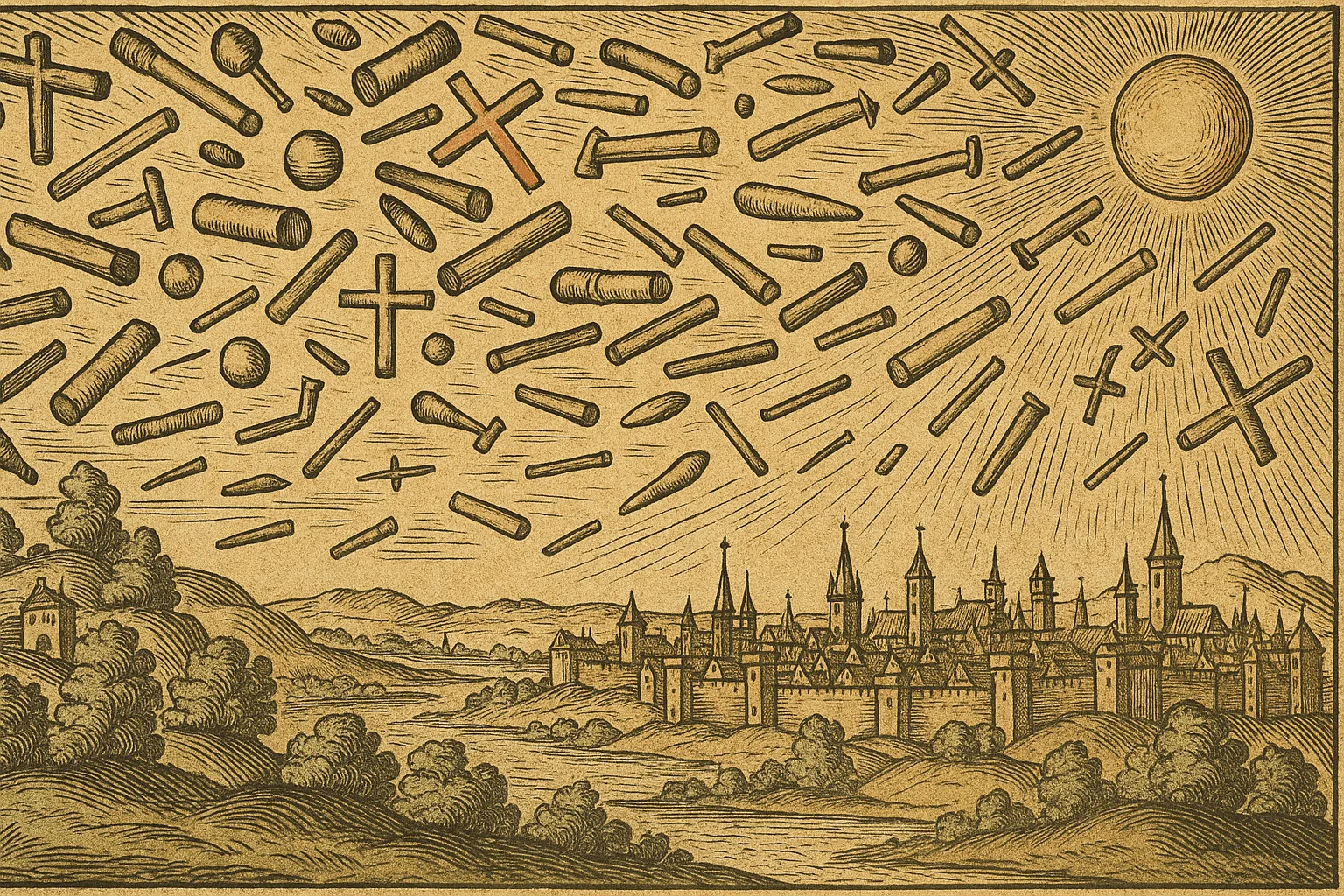 1561 Nuremberg woodcut showing spheres, cylinders, and crosses over the city at dawn