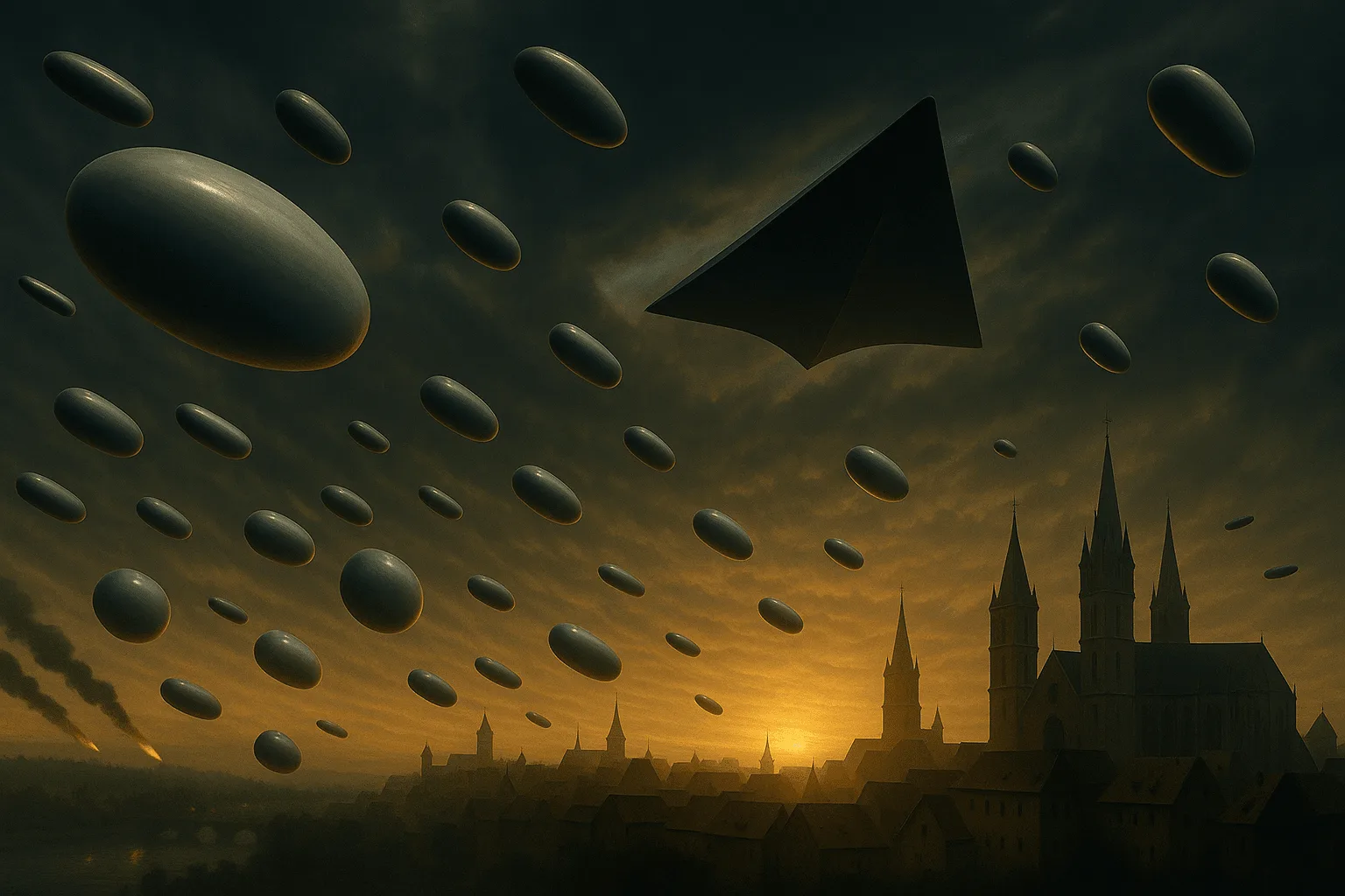 Nuremberg 1561 — realistic recreation over the skyline with Tic Tac craft and a black triangle