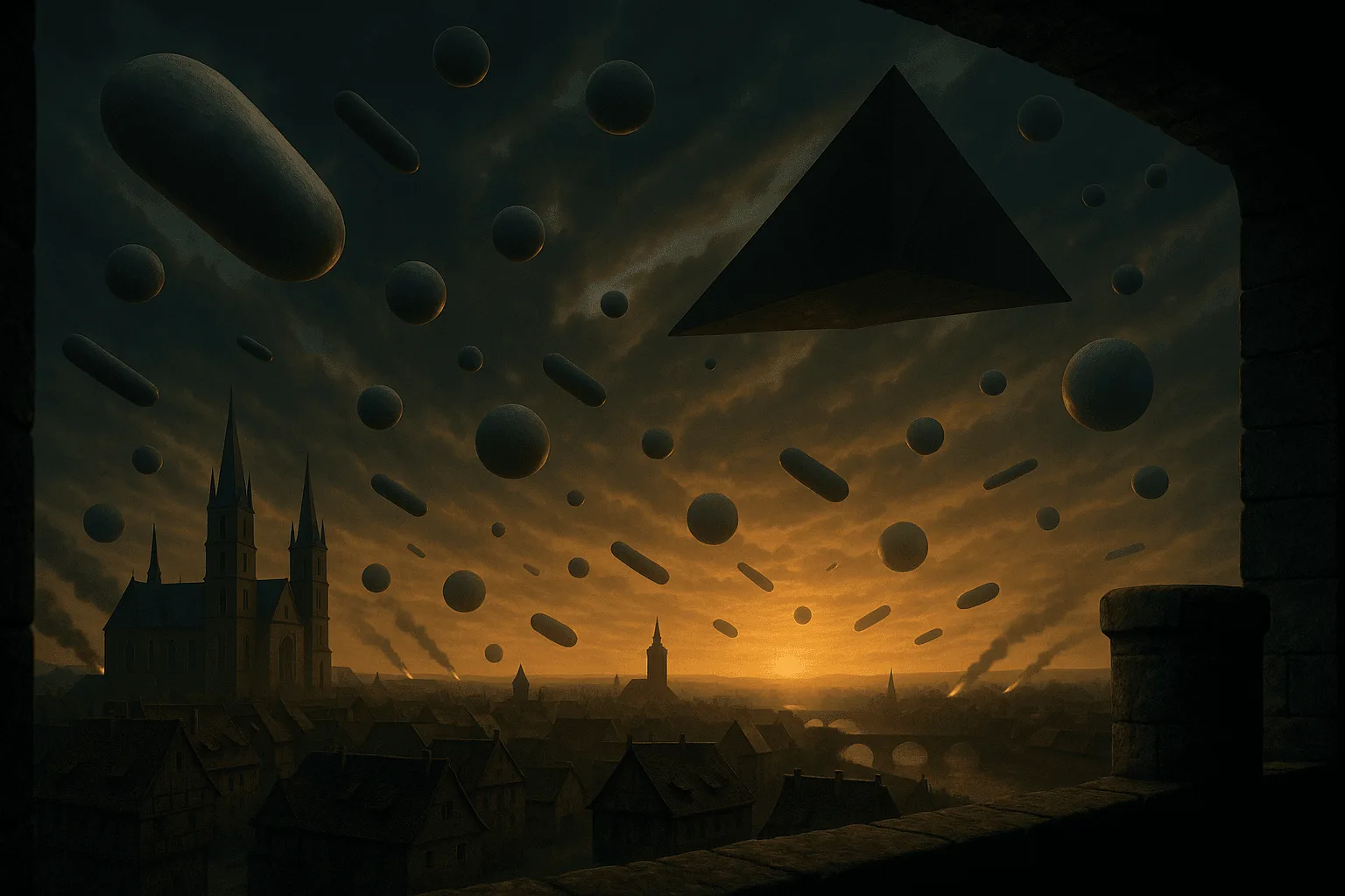 Nuremberg 1561 — realistic view from a city tower, aerial battle across the horizon