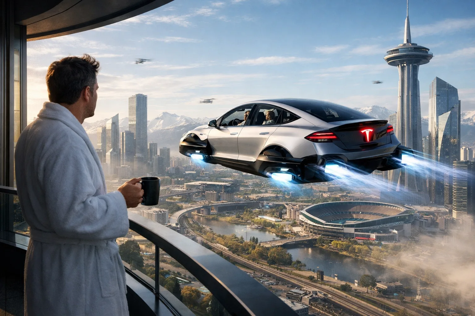 Morning Coffee Over a Future City With a Flying Tesla
