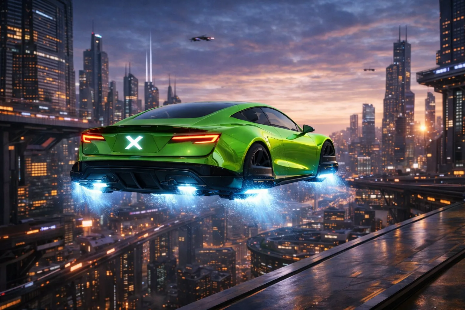Electric Green Flight Over the Vertical City