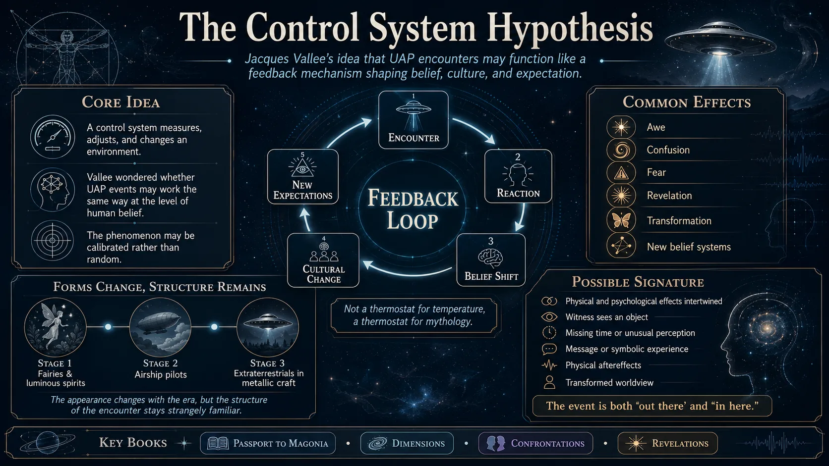 A detailed infographic explains Jacques Vallée’s control system hypothesis, showing a feedback loop between UAP encounters, human reactions, belief shifts, cultural change, and evolving mythological forms.