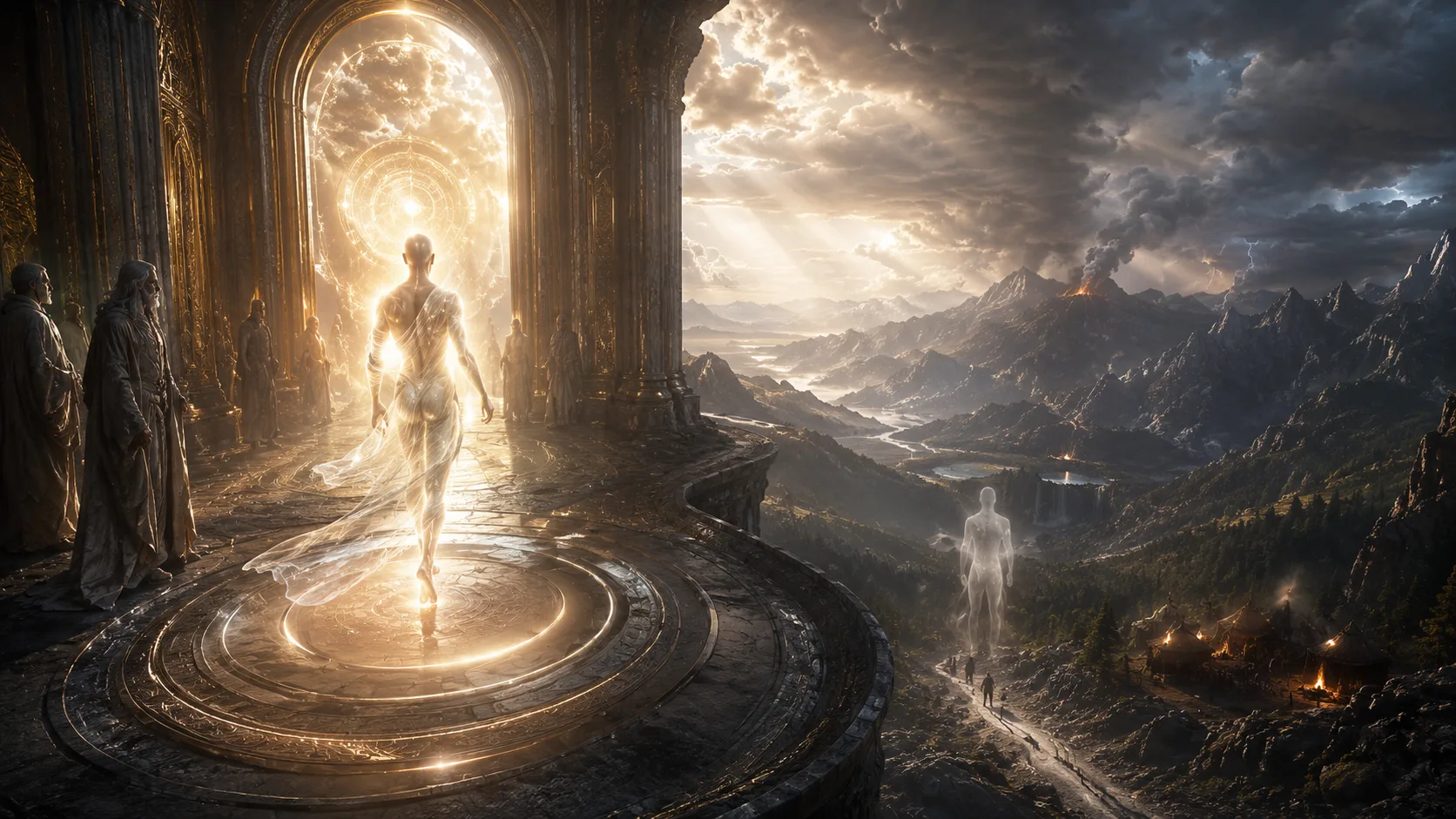 A glowing soul-like figure steps through an ornate golden portal into a dramatic mountain realm filled with storms, fire, light, and distant human forms.