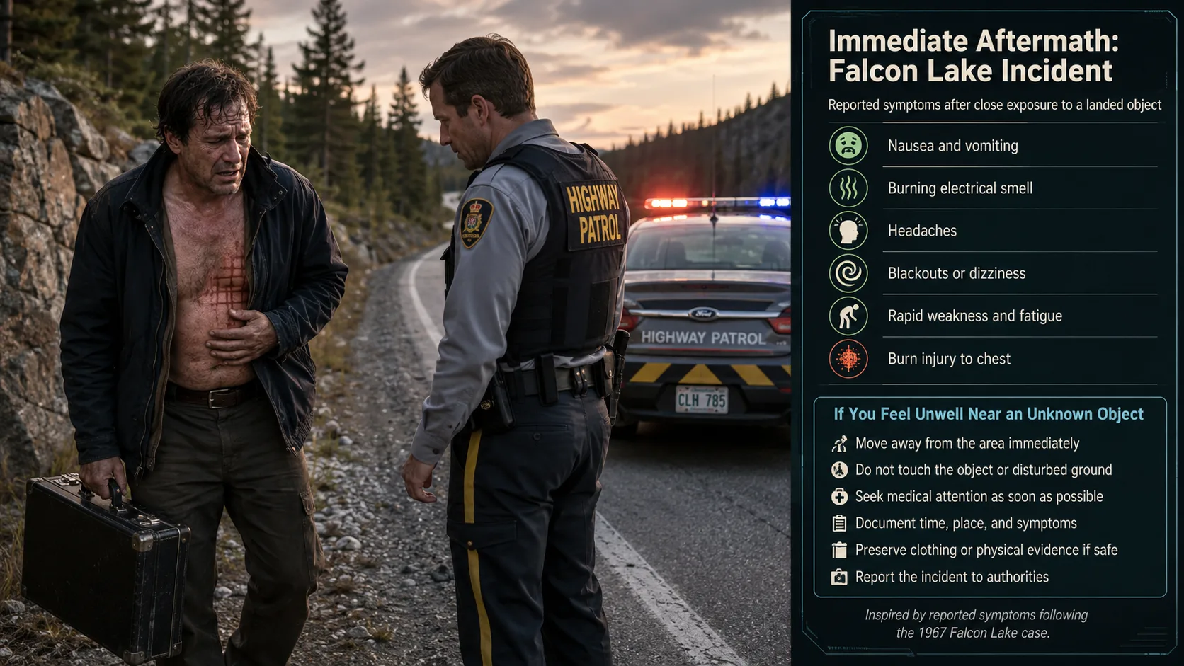 A distressed man with chest burns stands beside a highway patrol officer on a forest road while an adjacent infographic lists reported Falcon Lake symptoms and safety steps.