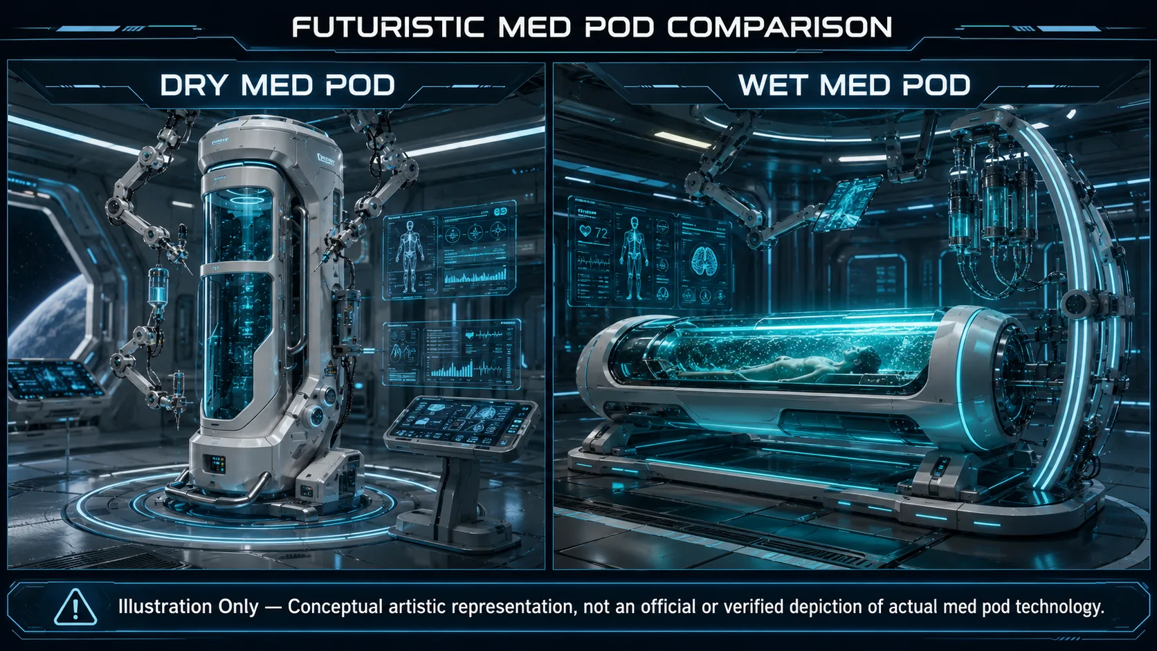 A futuristic comparison graphic shows an upright dry med pod and a horizontal wet med pod inside a high-tech starship medical bay, with a clear illustration-only disclaimer.
