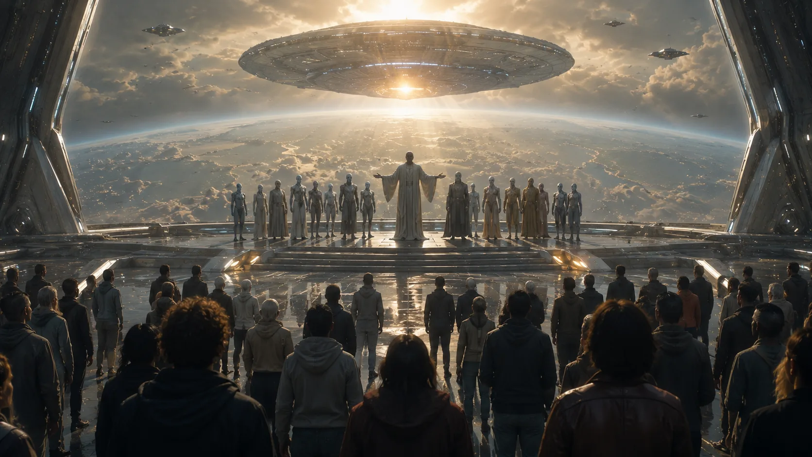 A crowd of people stands before a futuristic platform where a central robed figure and a diverse assembly of humanoid beings appear beneath a massive hovering craft above Earth.
