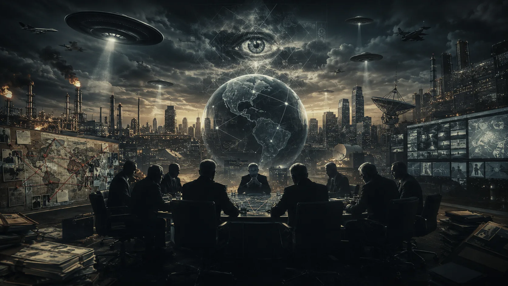 A dark cinematic scene shows shadowed power brokers gathered around a boardroom table beneath a glowing world map, surrounded by surveillance screens, UFOs, oil refineries, military aircraft, documents, and an all-seeing eye symbol in the stormy sky.