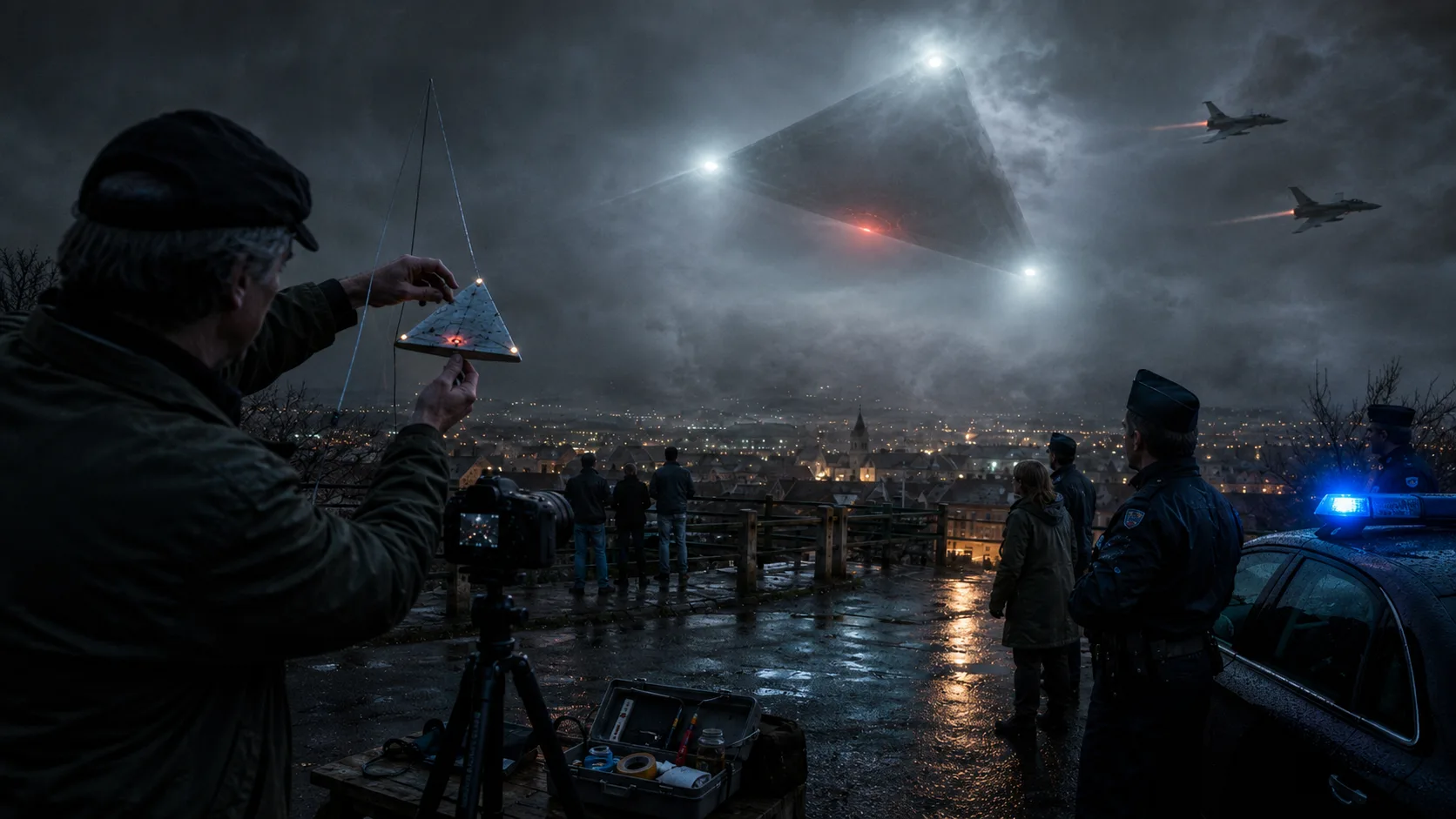 A man at a rainy nighttime overlook appears to stage a fake triangular UFO photo with a small model and camera setup while police, onlookers, fighter jets, and a massive triangle craft fill the sky above a glowing town.