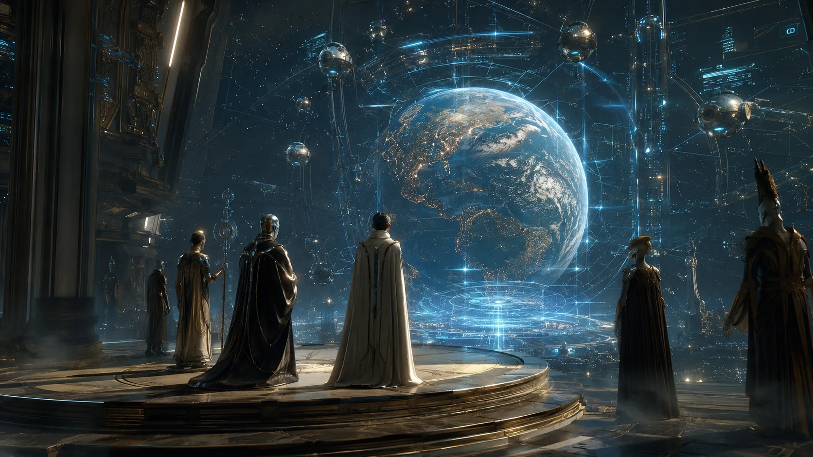 A group of robed interstellar figures stands inside a vast cosmic council chamber, observing Earth suspended within a glowing holographic control system.