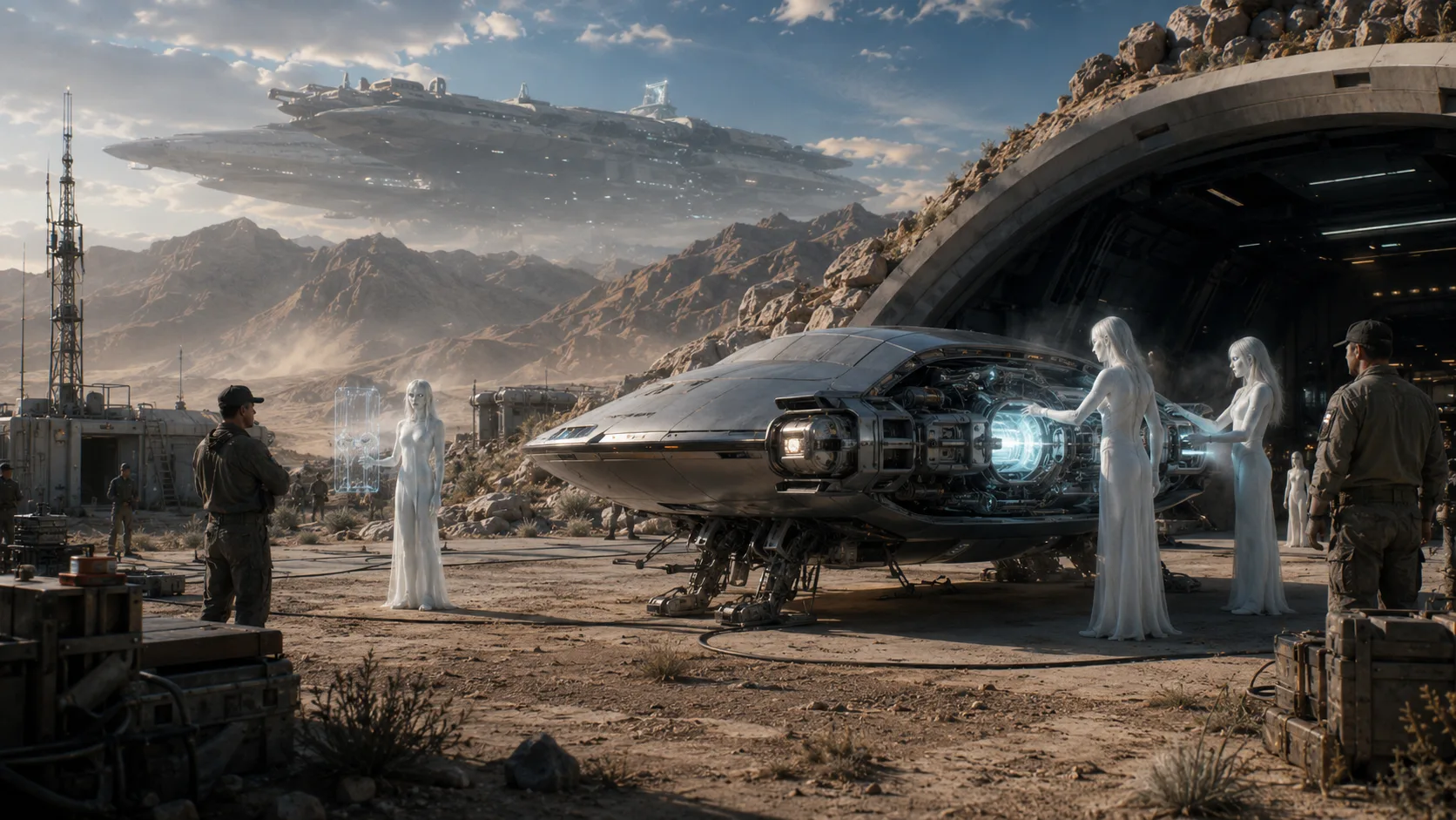 Tall White beings service the glowing propulsion core of a scout craft outside a hidden Nevada desert hangar while human military personnel observe from a distance and a massive deep space carrier hovers above the mountains.