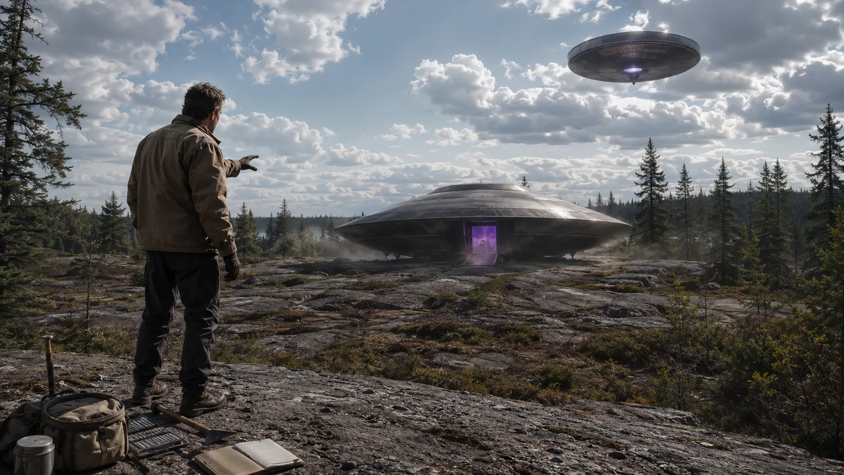 A prospector stands on rocky Falcon Lake terrain facing a landed metallic disc craft with a violet-lit hatch while a second UFO hovers above the forest.