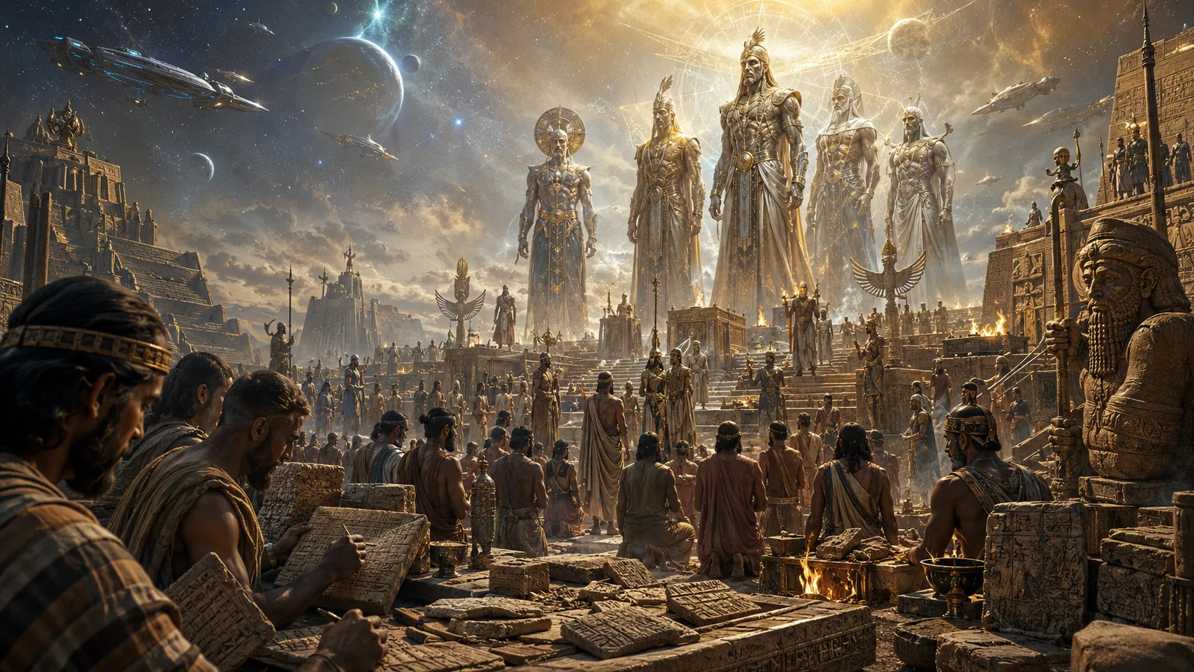 Towering Anunnaki-like creator beings stand above an ancient Mesopotamian temple courtyard as scribes, priests, rulers, and worshippers gather beneath a cosmic sky filled with planets and spacecraft.