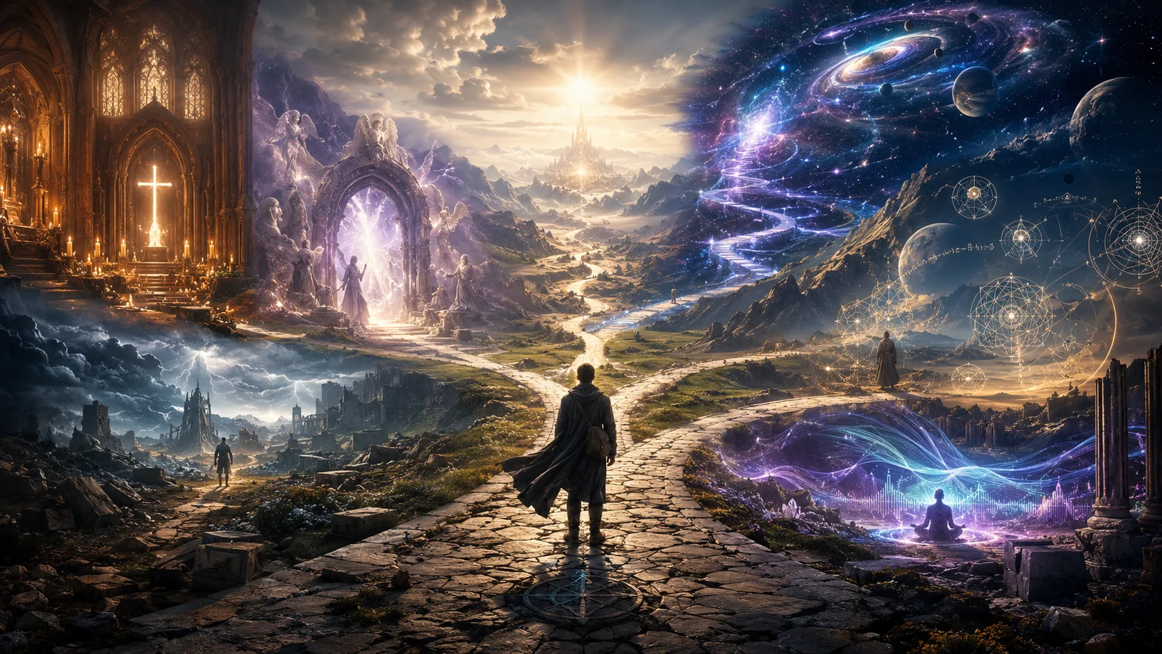 A lone figure stands at a glowing crossroads where paths lead into a cathedral, stormy ruins, mystical light, cosmic stars, sacred geometry, and flowing frequency waves.