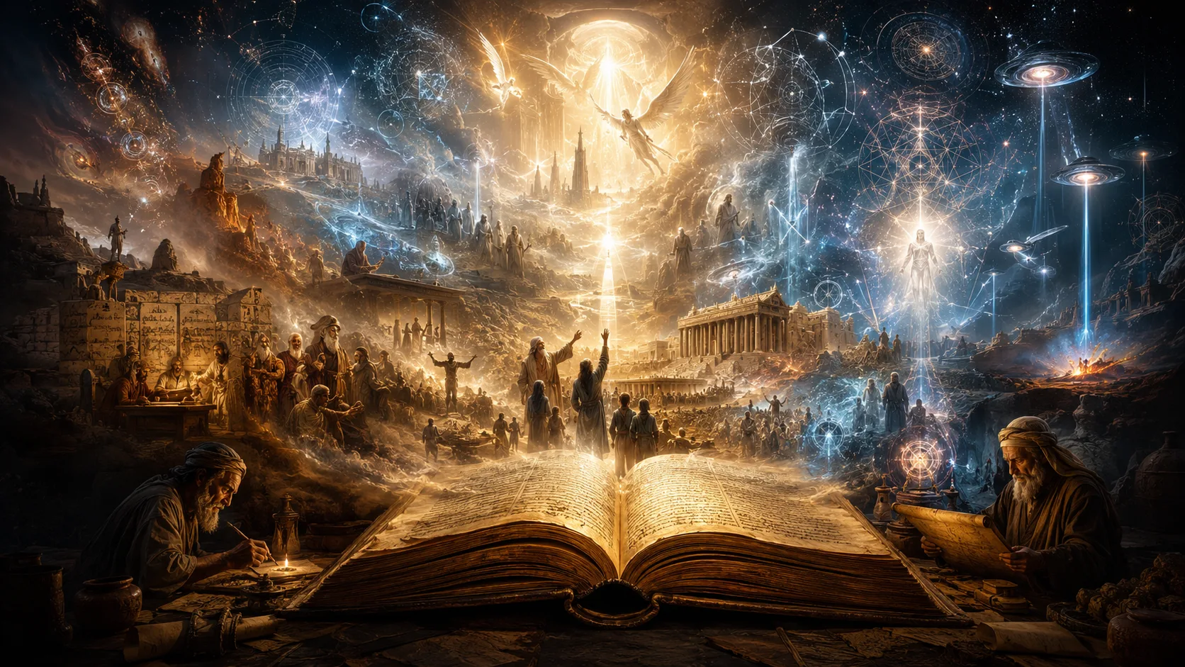 An open ancient Bible glows beneath visions of scribes, temples, angelic beings, star maps, and mysterious lights in a vast cosmic landscape.