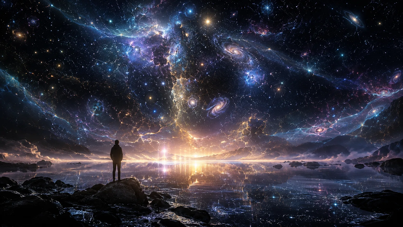 A silhouetted person stands on a rocky reflective shoreline beneath a vast cosmic sky filled with glowing galaxies, nebulae, stars, and golden horizon light.