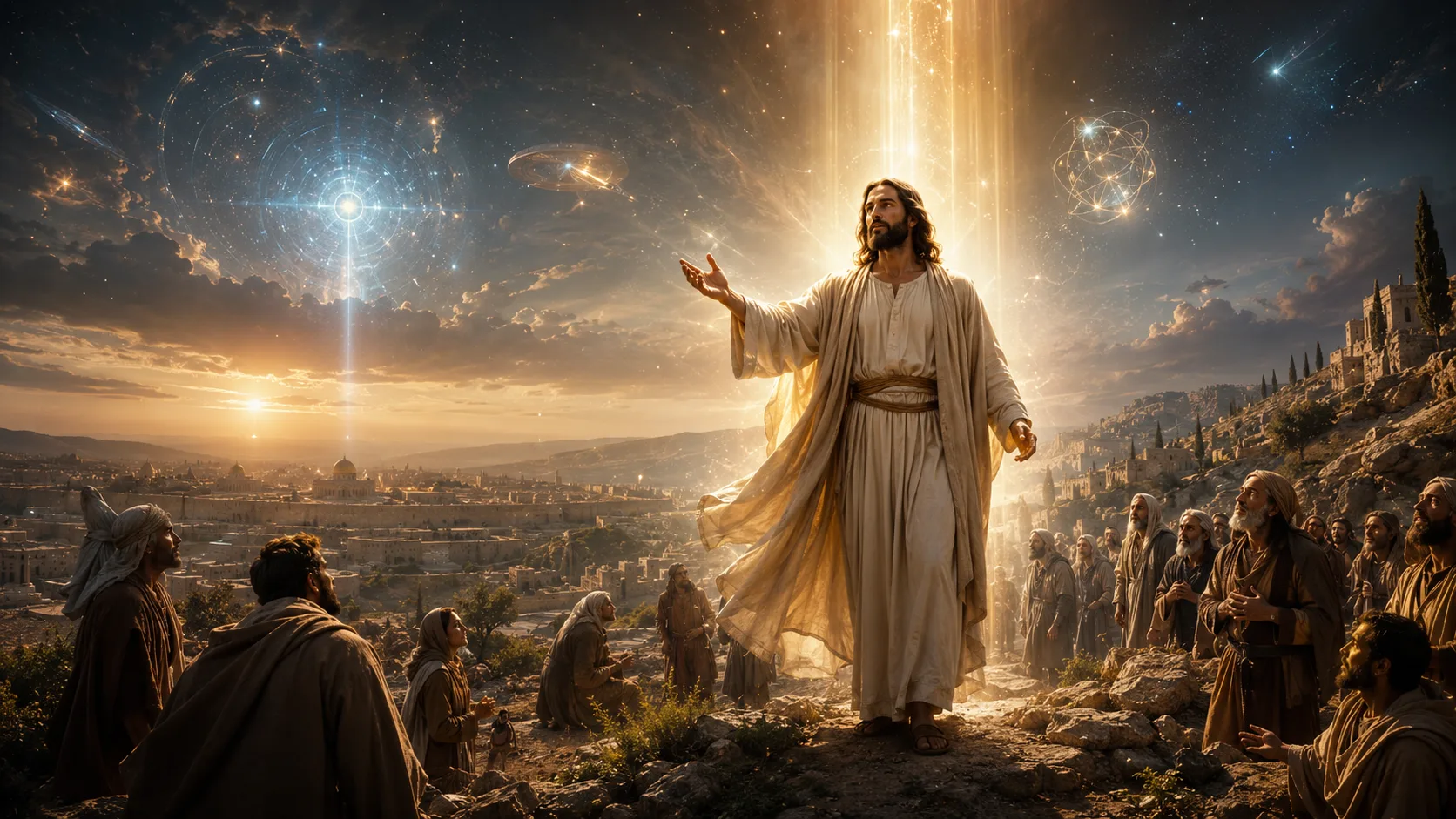 Jesus stands on a rocky hillside above an ancient city, surrounded by awestruck followers, golden light beams, celestial geometry, and mysterious objects in the sky.