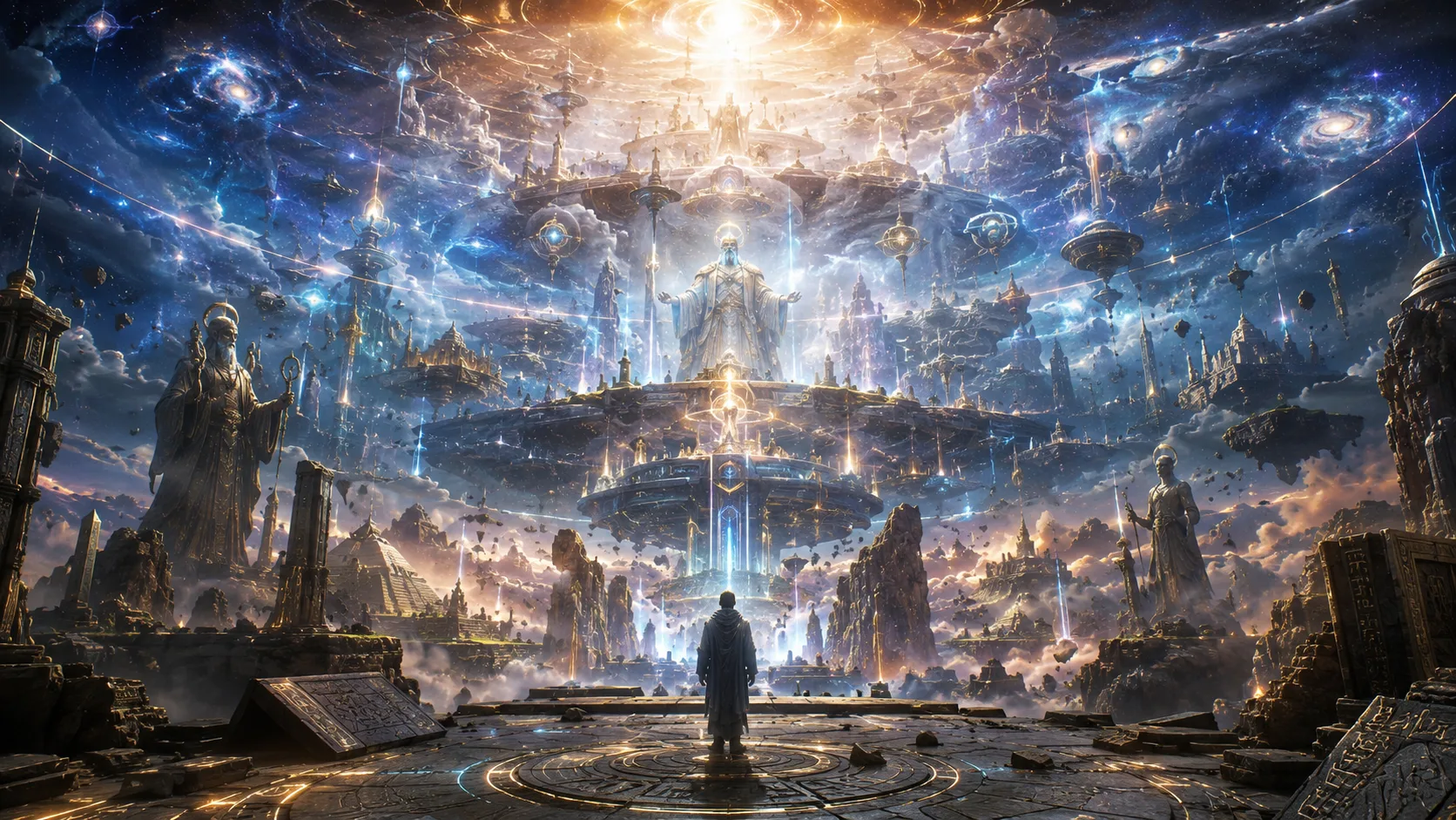 A lone robed figure stands on an ancient glowing platform, facing towering cosmic realms, creator-like beings, floating temples, and a radiant Source light above.