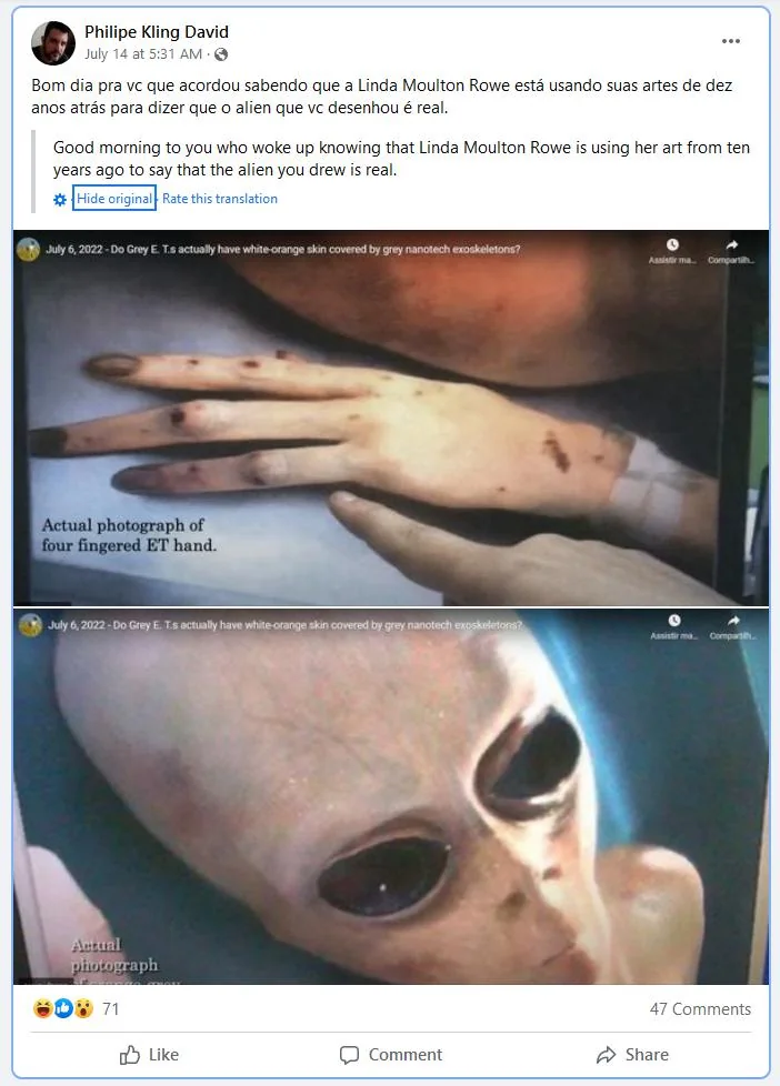 Social media screenshot discussing Linda Moulton Howe and the Relato de um MIB alien images