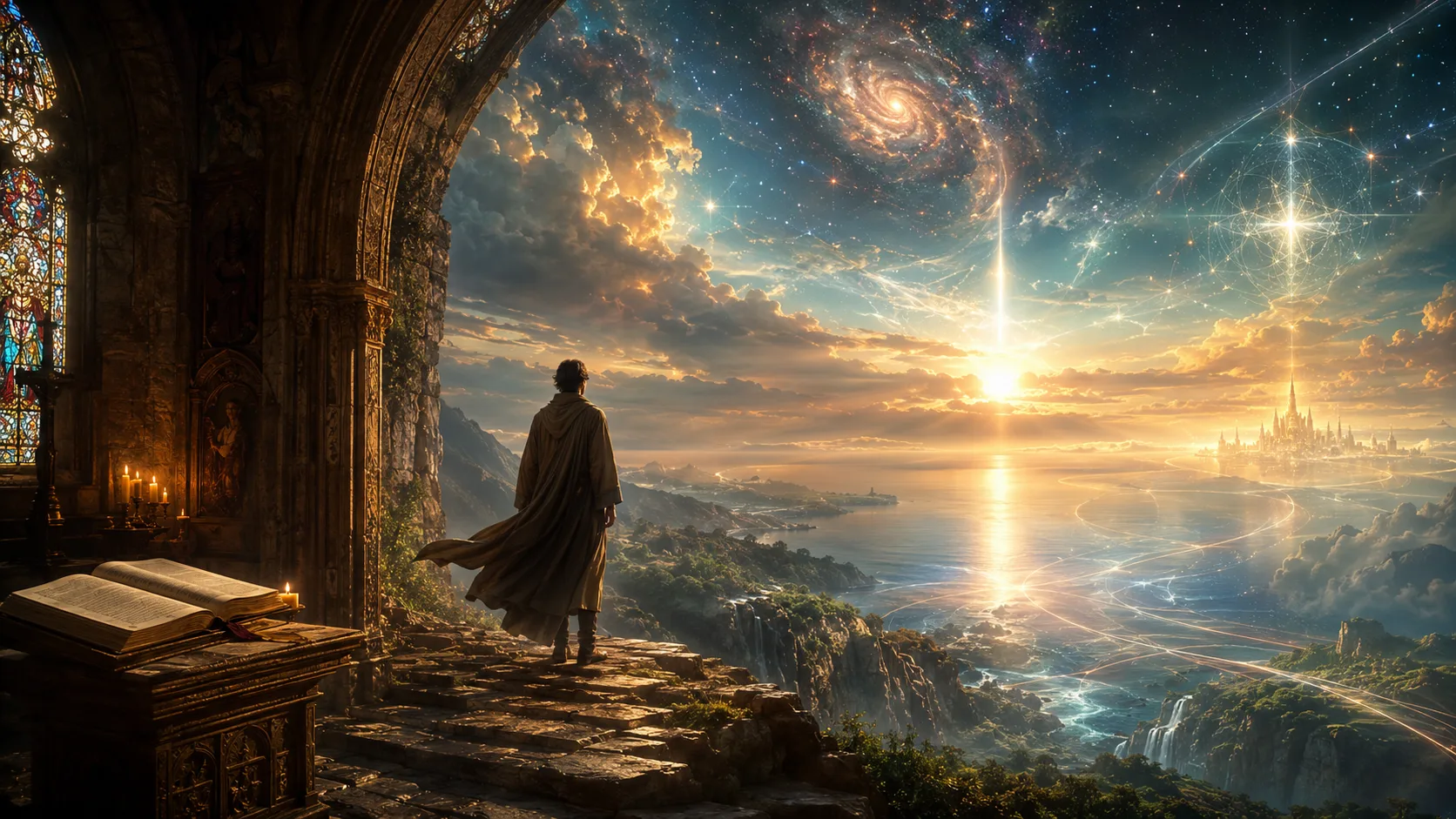 A lone cloaked figure stands at the edge of a cathedral doorway beside an open sacred book, looking out over a glowing coastline, radiant sea, distant celestial city, and a sky filled with stars, sacred geometry, and swirling galaxies.