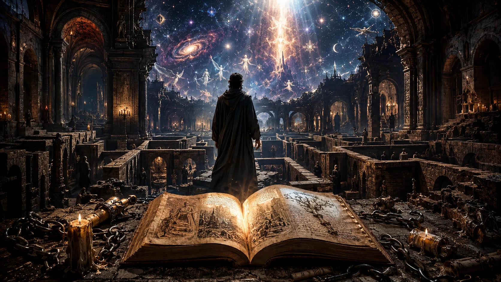 A lone robed figure stands behind a glowing ancient Bible inside a ruined cathedral maze, facing a cosmic sky filled with stars, angels, sacred geometry, and heavenly light.