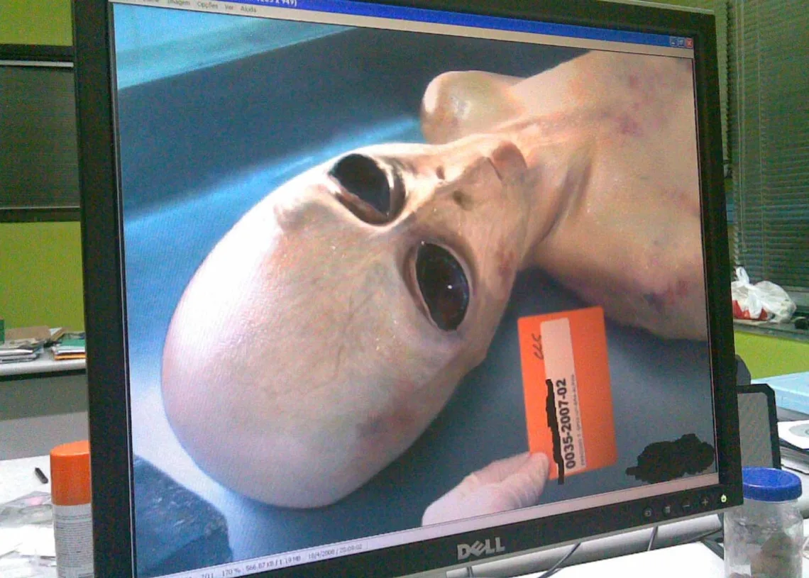 Alien body image displayed on a computer monitor in a work environment