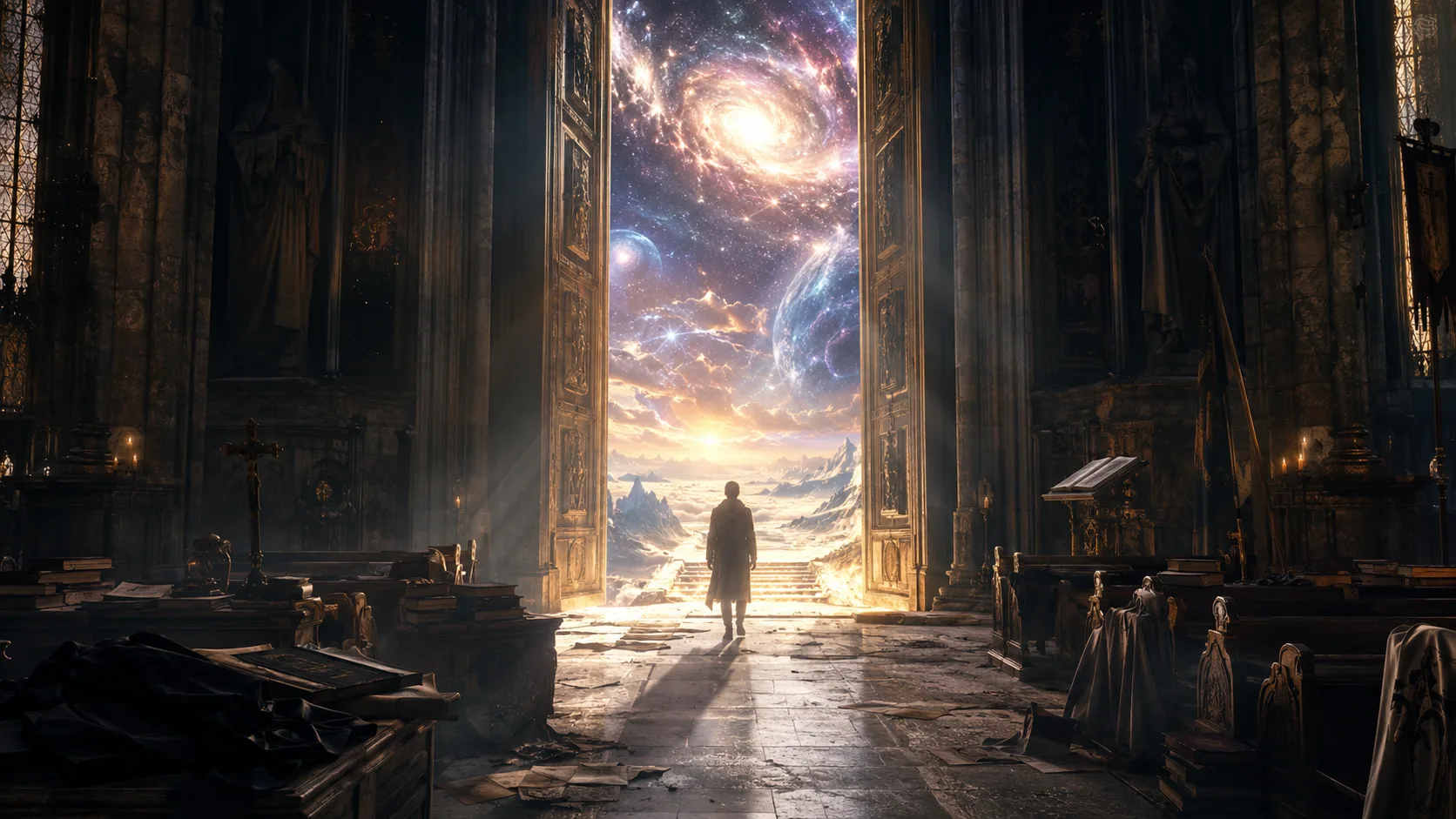 A lone figure stands inside a grand cathedral, facing open doors that reveal a glowing cosmic sky filled with galaxies, planets, and radiant light.
