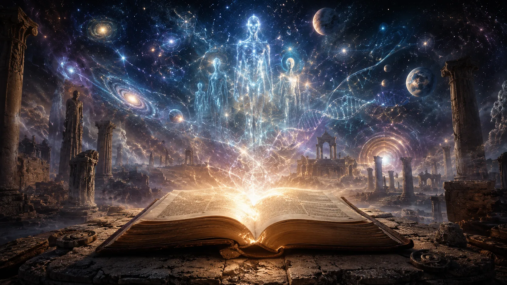 An ancient open Bible glows on a stone altar as cosmic light, DNA-like energy strands, ruined temples, planets, galaxies, and luminous advanced beings emerge from the pages.