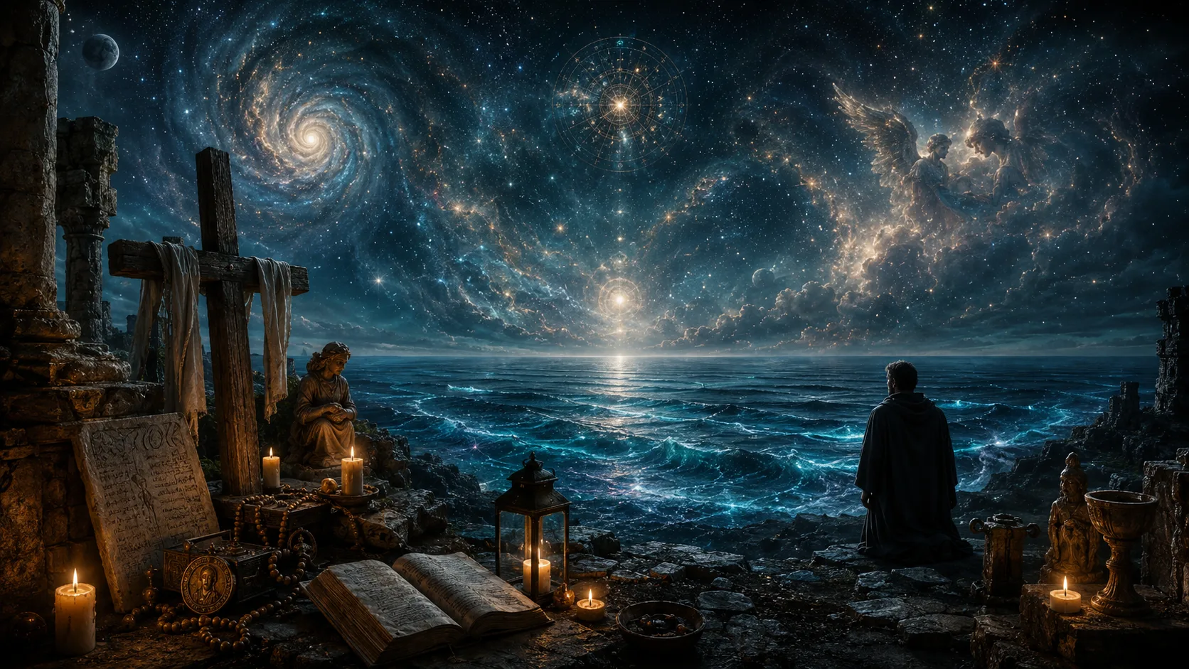 A lone cloaked figure kneels by a glowing ocean at night beside a wooden cross, candles, sacred relics, and an open book, beneath a star-filled sky swirling with galaxies and angelic forms.
